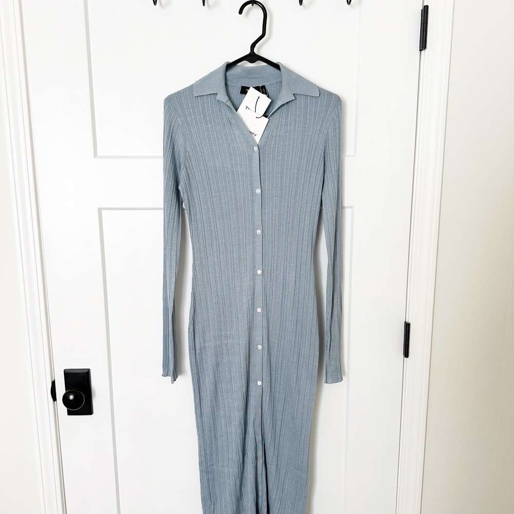 NWT theory ribbed Blue Button-Up Dress light blue silk dress size small